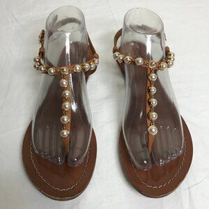 Tory Burch Emmy Size 8 Pearl and Tan Leather Strap Sandals